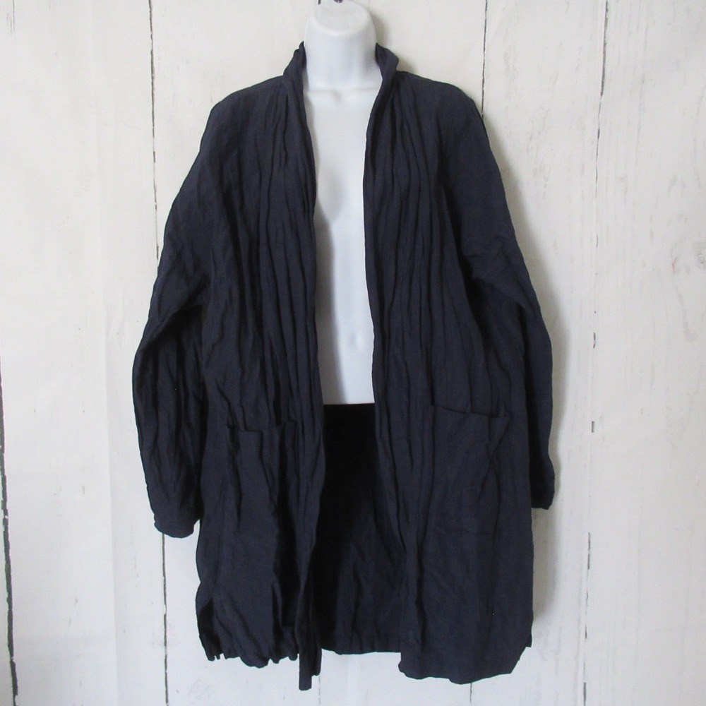 Eileen Fisher Jacket L Blue Crinkle Open Front Cardigan Minimalist Lagenlook